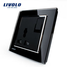 Livolo 1Way Botão Interruptor de 3 Pinos Multifunções 13A Tomada de Energia Painel de Vidro Cristal Preto VL-W2Z1C-11